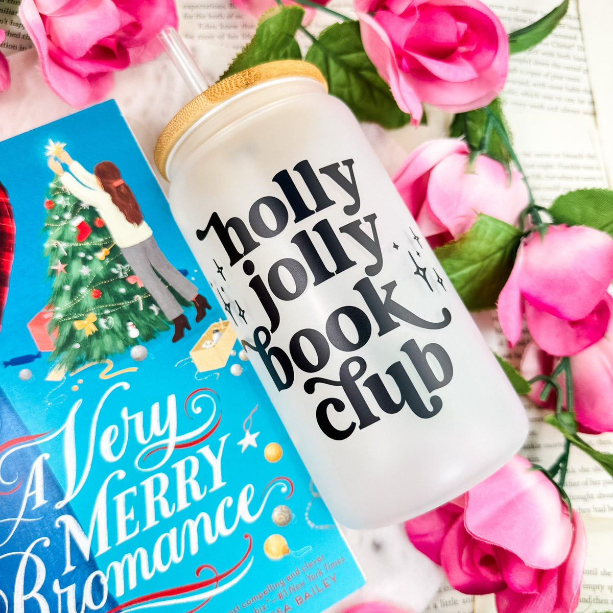 Holly Jolly Book Club Frosted Glass Cup with Bamboo Lid & Straw