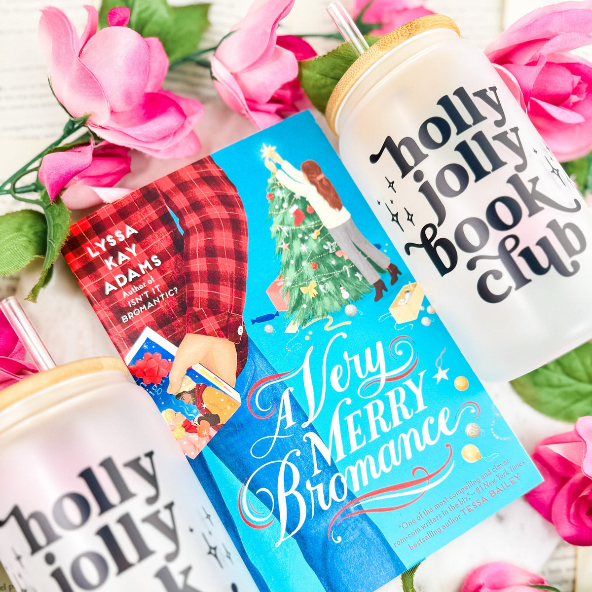 Holly Jolly Book Club Frosted Glass Cup with Bamboo Lid & Straw