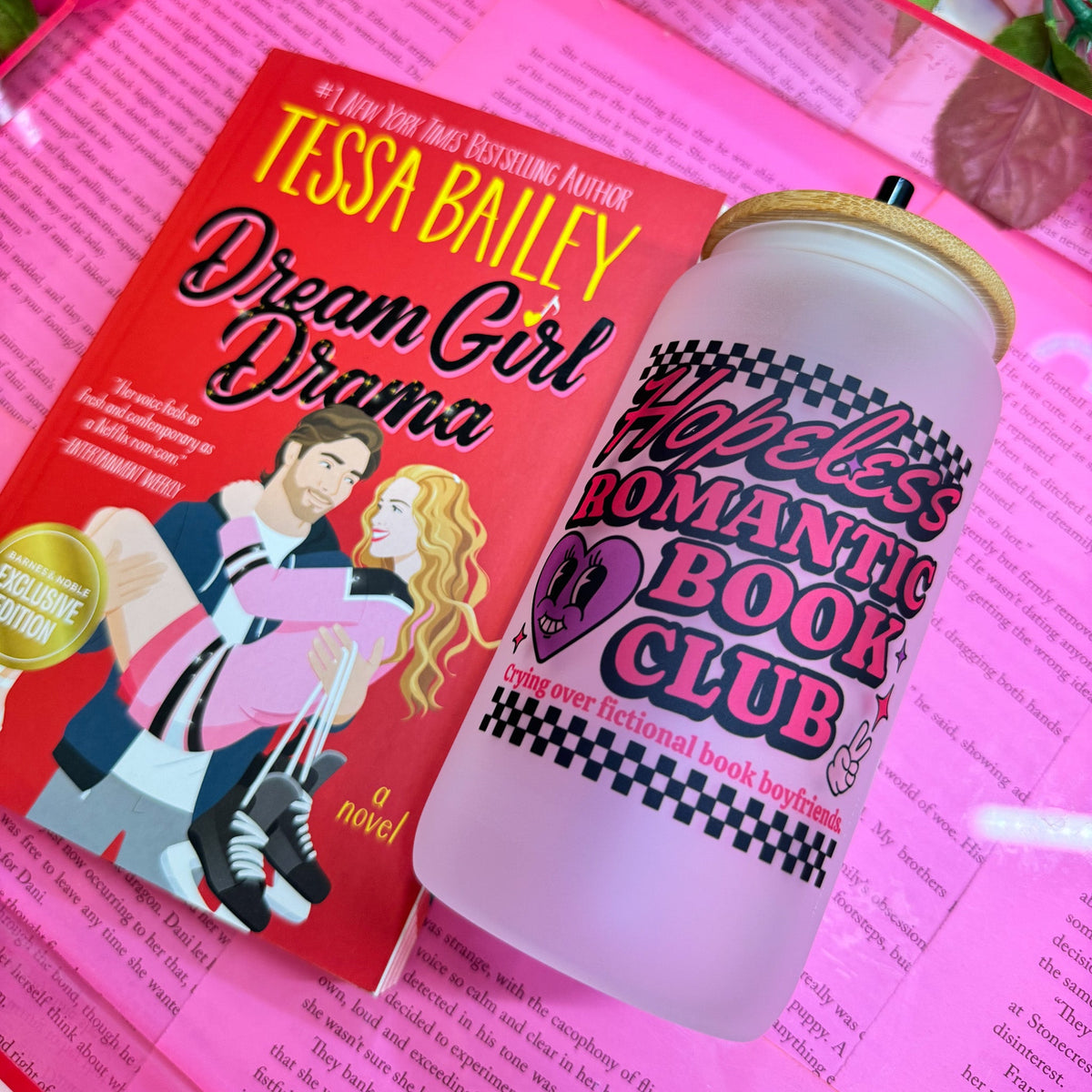 Hopeless Romantic Book Club Frosted Glass Cup with Bamboo Lid & Straw