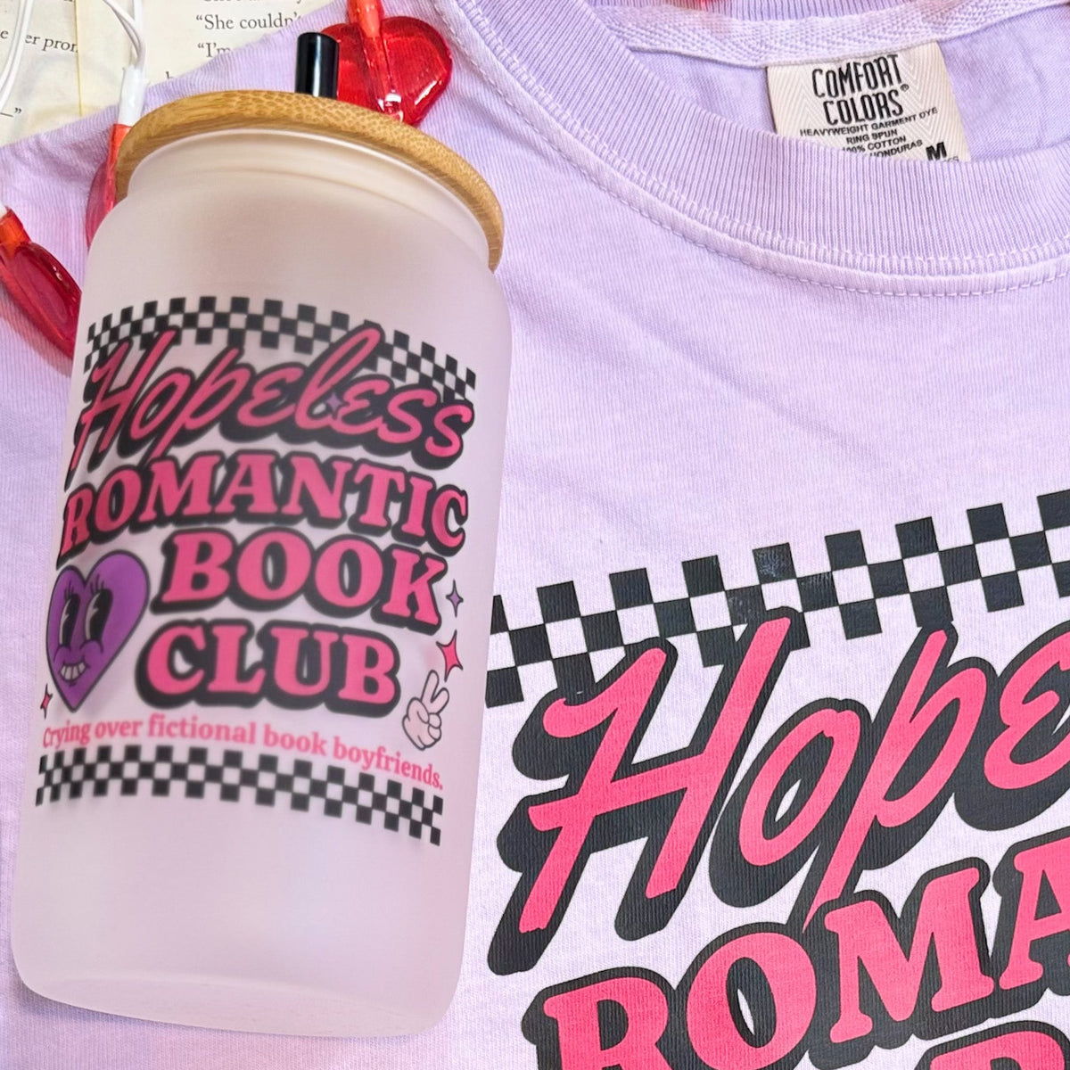 Hopeless Romantic Book Club Frosted Glass Cup with Bamboo Lid & Straw