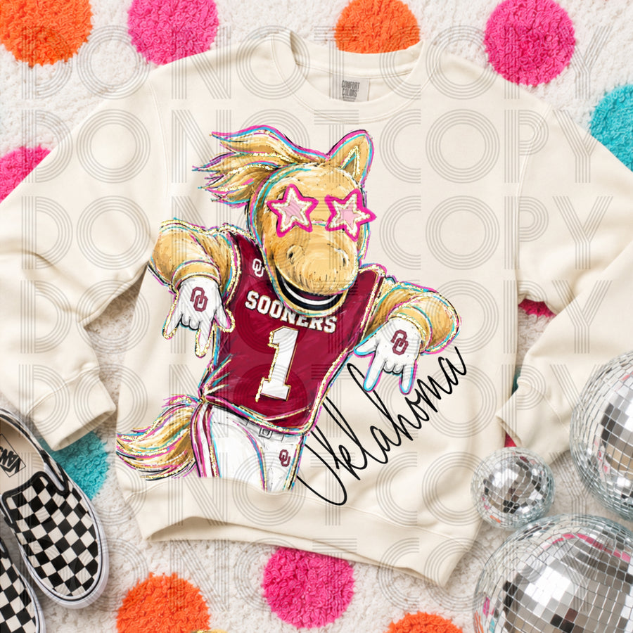 Rockin’ Delulu Mascots – Oklahoma Crimson Horse Gameday Graphic Tee