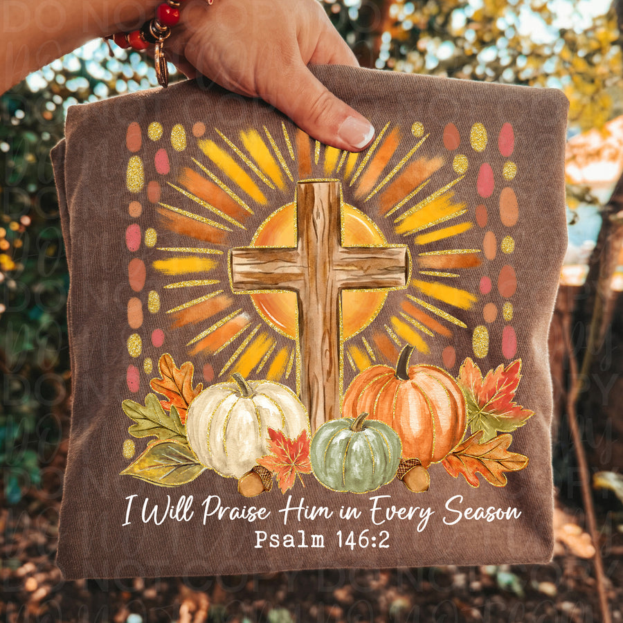 I Will Praise Him in Every Season Christian Fall Shirt | Psalm 146:2 Faith Graphic Tee | Autumn Cross Pumpkin T-Shirt | Inspirational Christian Apparel