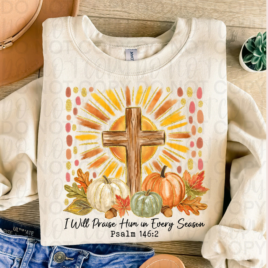 I Will Praise Him in Every Season Christian Fall Shirt | Psalm 146:2 Faith Graphic Tee | Autumn Cross Pumpkin T-Shirt | Inspirational Christian Apparel