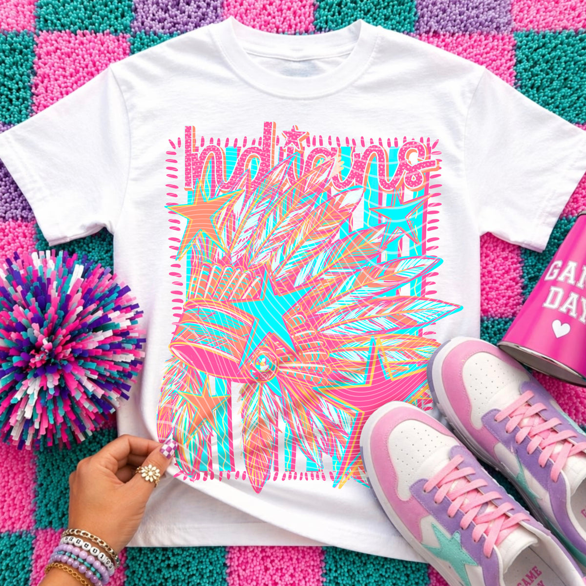Indians Preppy Mascot Shirt, Bright Color Collegiate Graphic Tee, Cute School Spirit Inspired Soft Style Tee for Women and Kids - Pretty Petty Co