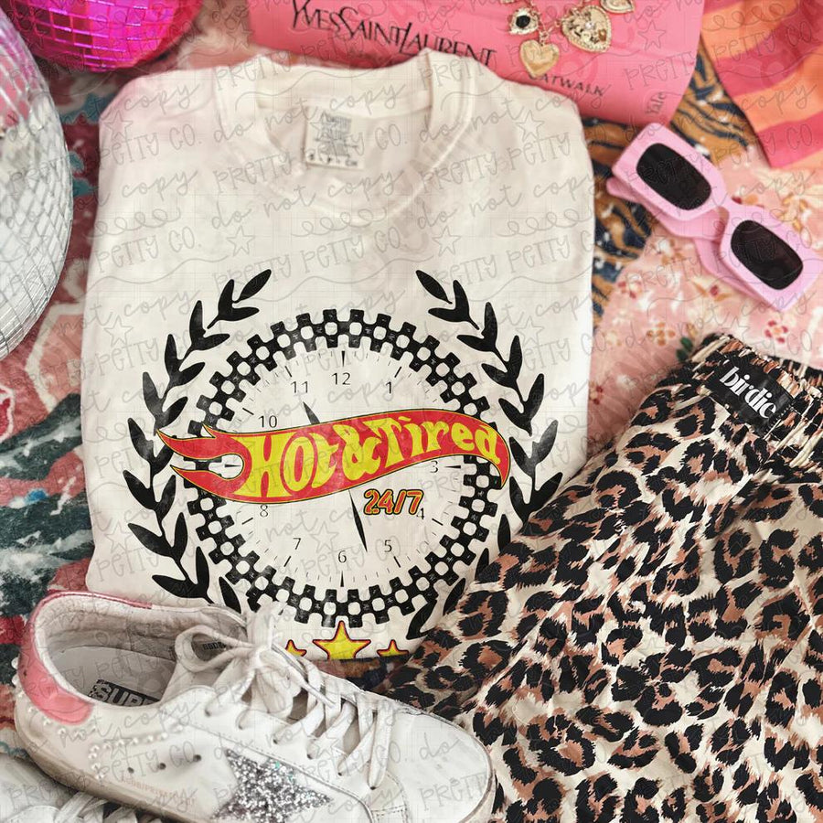 Hot & Tired 24/7 Funny Graphic Tee | Exhausted Mom Shirt | Relatable Summer Tee | Retro Comfort Colors T-Shirt - Pretty Petty Co