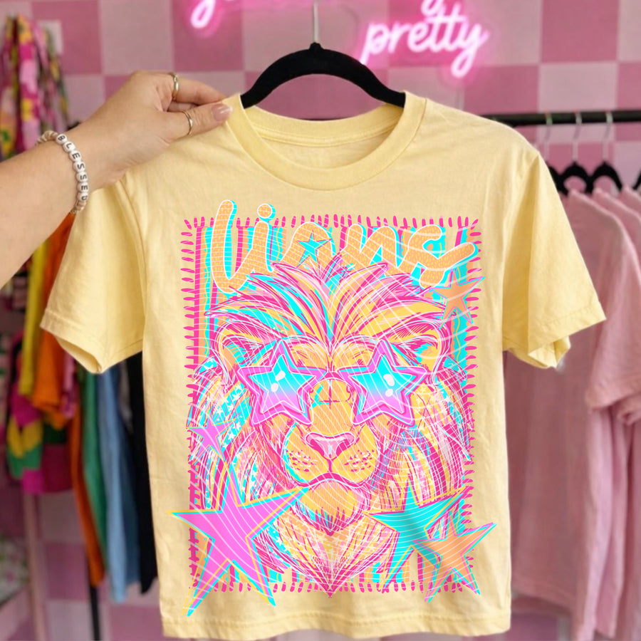 Lions Preppy Mascot Shirt, Bright Color Collegiate Graphic Tee, Cute School Spirit Inspired Soft Style Tee for Women and Kids - Pretty Petty Co