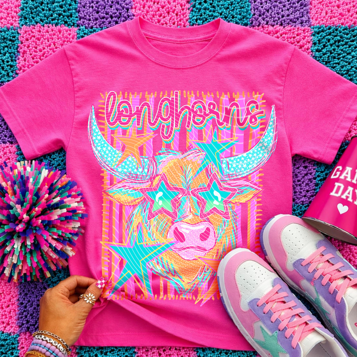Longhorns Preppy Mascot Shirt, Bright Color Collegiate Graphic Tee, Cute School Spirit Inspired Soft Style Tee for Women and Kids - Pretty Petty Co