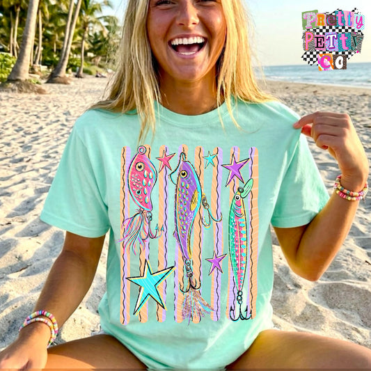 Fishing Lures Summer Graphic Shirt, Outdoor Fishing Design Tee, Lake & River Style, Youth & Adult Sizing