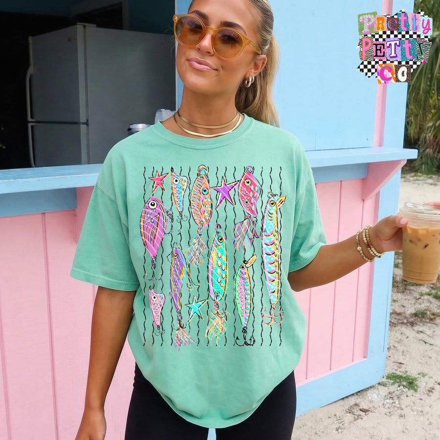 Fishing Lures Summer Graphic Shirt, Outdoor Fishing Design Tee, Lake & River Style, Youth & Adult Sizing - Pretty Petty Co