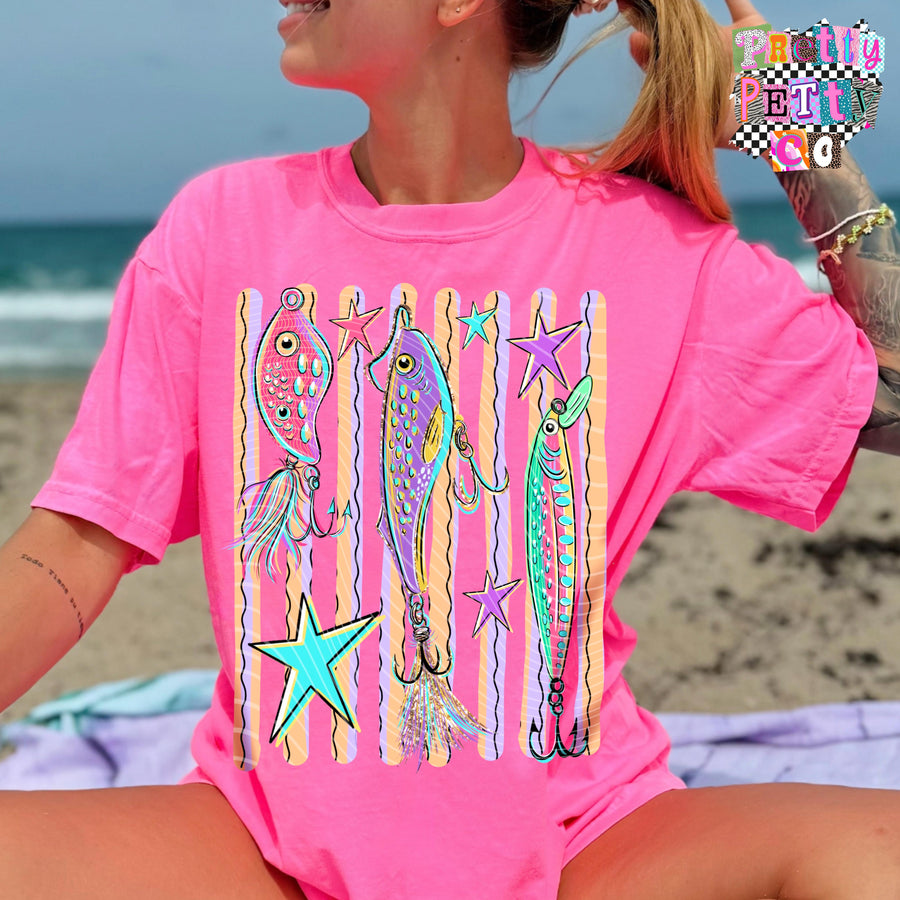Fishing Lures Summer Graphic Shirt, Outdoor Fishing Design Tee, Lake & River Style, Youth & Adult Sizing - Pretty Petty Co