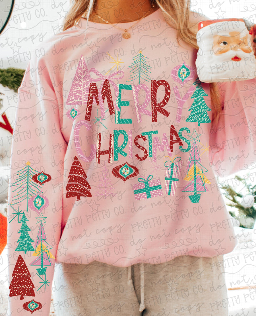 Retro Merry Christmas Graphic Sweatshirt | Vintage Christmas Trees & Ornaments | Trendy Holiday Boutique Pullover
