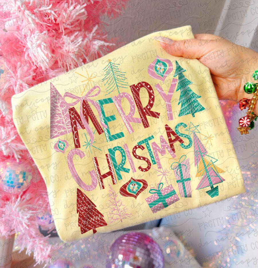 Retro Merry Christmas Graphic Tee | Vintage Christmas Trees & Ornaments | Trendy Holiday Boutique Tee