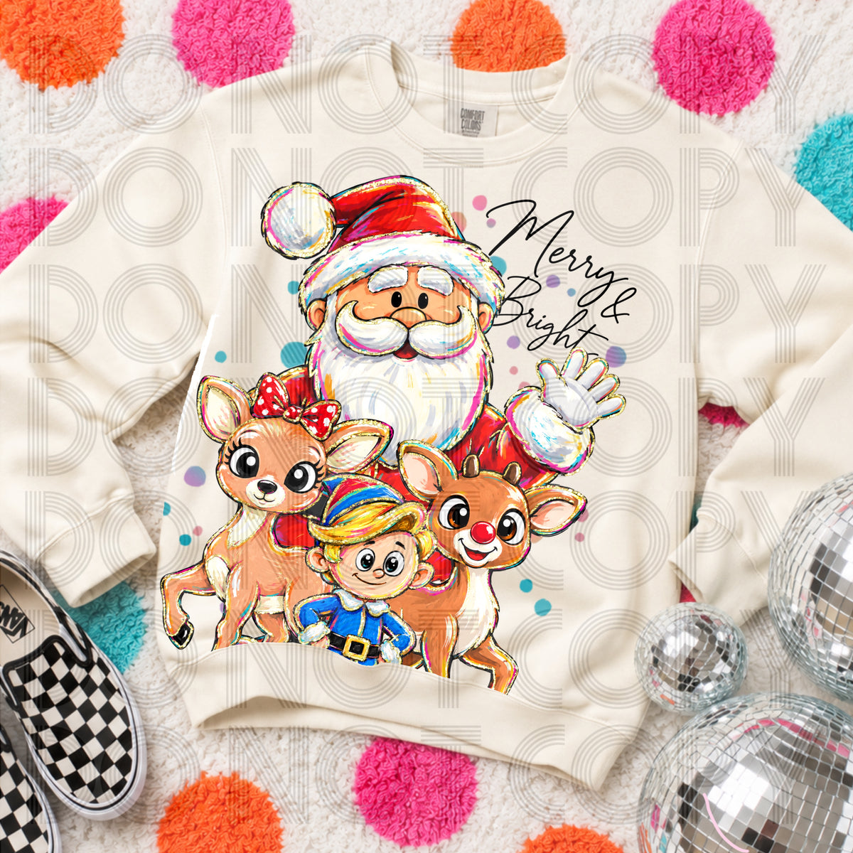 Merry & Bright Santa Christmas Graphic Tee | Retro Holiday Character Shirt | Vintage Inspired Christmas T-Shirt