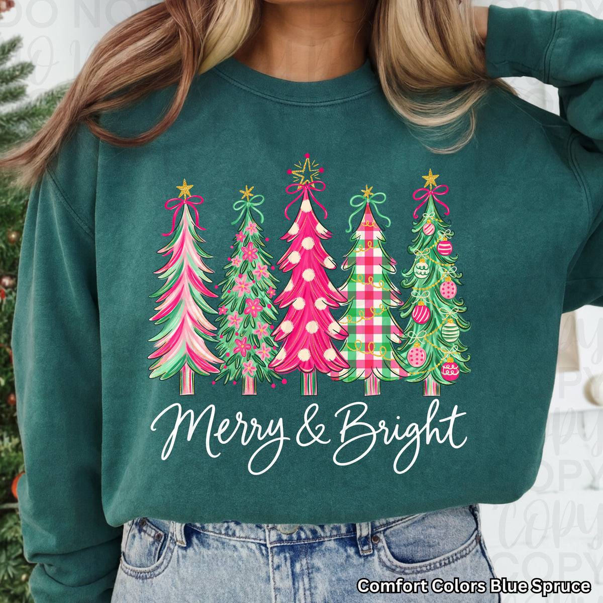 Merry & Bright Christmas Trees Graphic Tee or Sweatshirt | Pink & Green Christmas Shirt | Comfort Colors Holiday Apparel