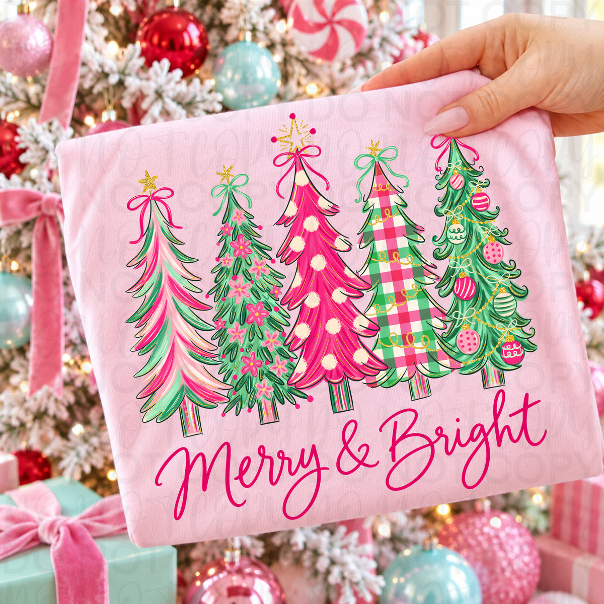 Merry & Bright Christmas Trees Graphic Tee or Sweatshirt | Pink & Green Christmas Shirt | Comfort Colors Holiday Apparel