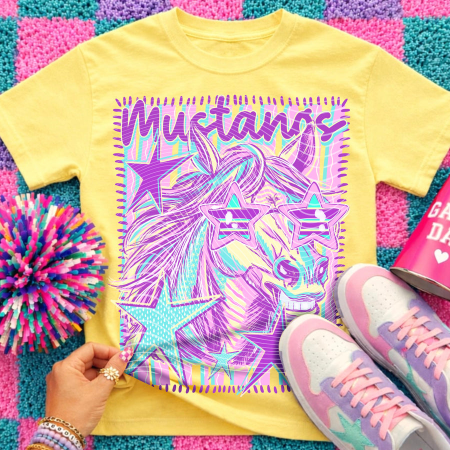 Mustangs Preppy Mascot Shirt, Bright Color Collegiate Graphic Tee, Cute School Spirit Inspired Soft Style Tee for Women and Kids - Pretty Petty Co