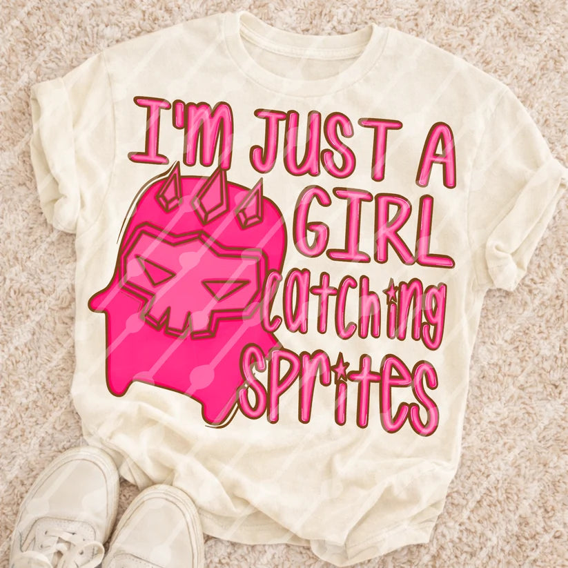 I'm Just a Girl Catching Sprites Gamer Shirt | Cute Pink Gaming Graphic Tee | Funny Girl Gamer T-Shirt | Trendy Video Game Apparel