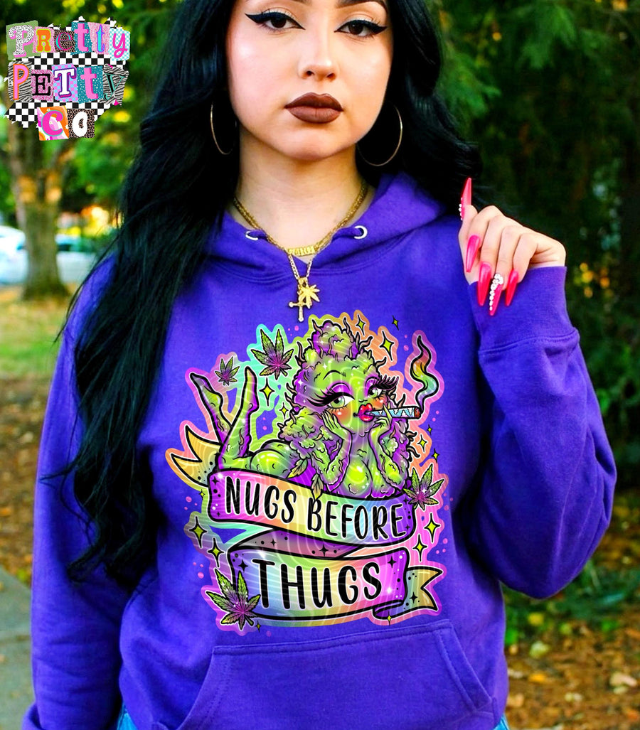 Nugs Before Hugs Funny 420 Shirt | Stoner Humor Weed Graphic Tee | Cannabis Lover Sweatshirt - Pretty Petty Co