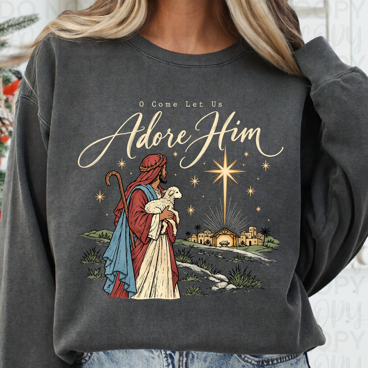 O Come Let Us Adore Him Christian Christmas Nativity Shirt – Faith Based Holiday Apparel