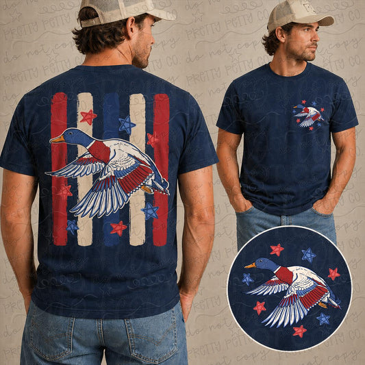 American Flag Duck Hunting Shirt, Rugged Waterfowl Hunter Tee, Patriotic Outdoors Graphic T Shirt