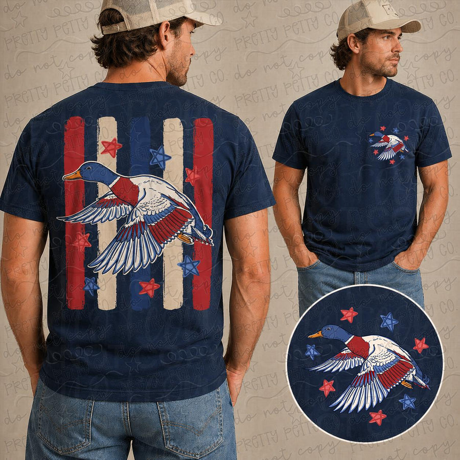 American Flag Duck Hunting Shirt, Rugged Waterfowl Hunter Tee, Patriotic Outdoors Graphic T Shirt - Pretty Petty Co