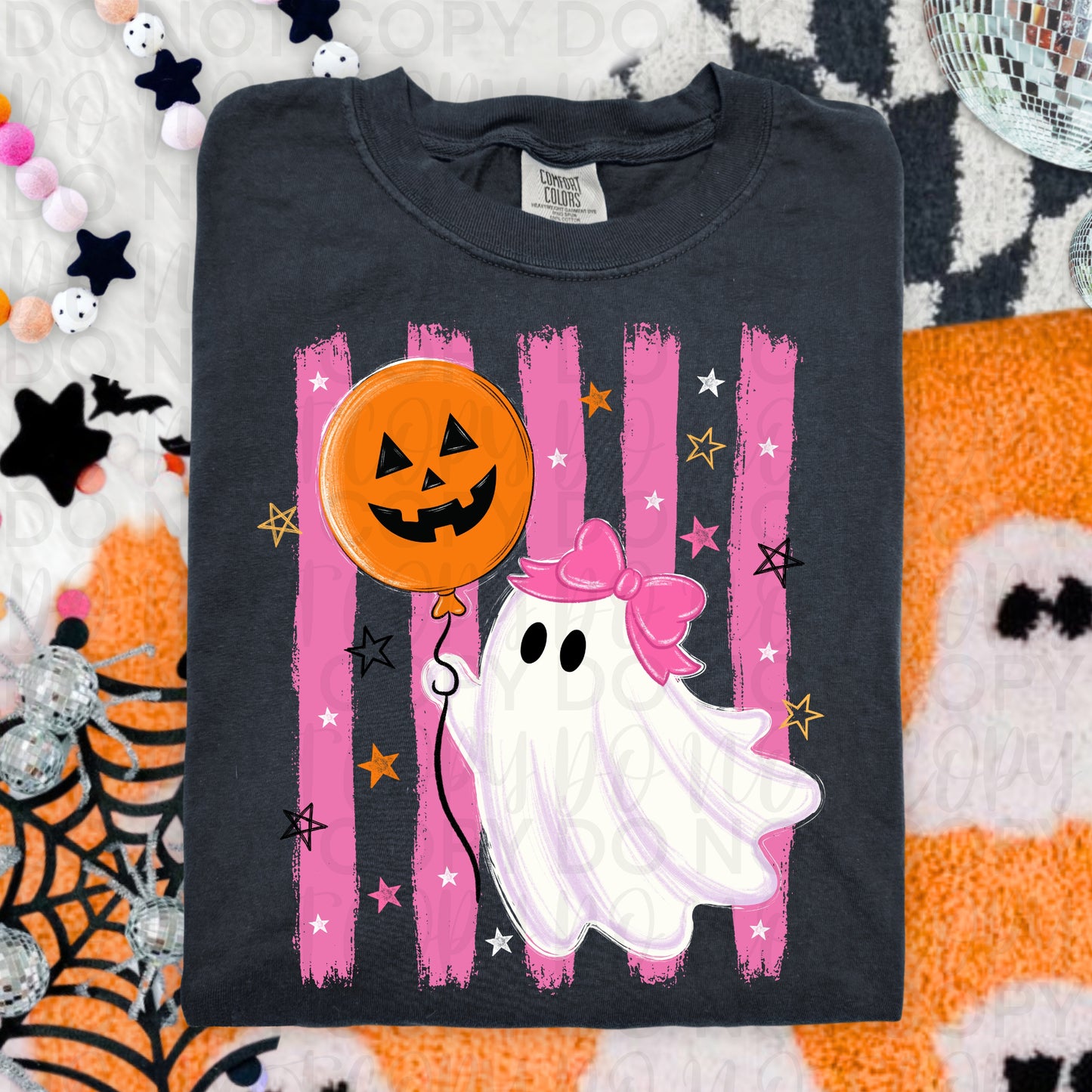 Cute Pink Ghost with Pumpkin Balloon Halloween Shirt | Pink Ghost Graphic Tee | Girly Spooky Season T-Shirt | Trendy Halloween Apparel