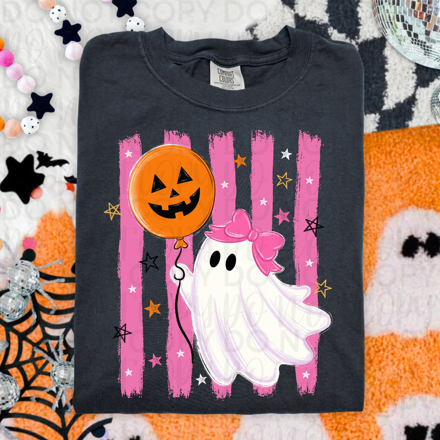 Cute Pink Ghost with Pumpkin Balloon Halloween Shirt | Pink Ghost Graphic Tee | Girly Spooky Season T-Shirt | Trendy Halloween Apparel