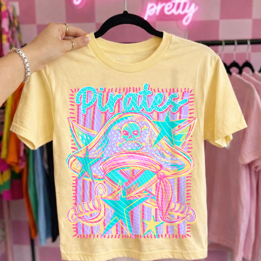 Pirates Preppy Mascot Shirt, Bright Color Collegiate Graphic Tee, Cute School Spirit Inspired Soft Style Tee for Women and Kids - Pretty Petty Co