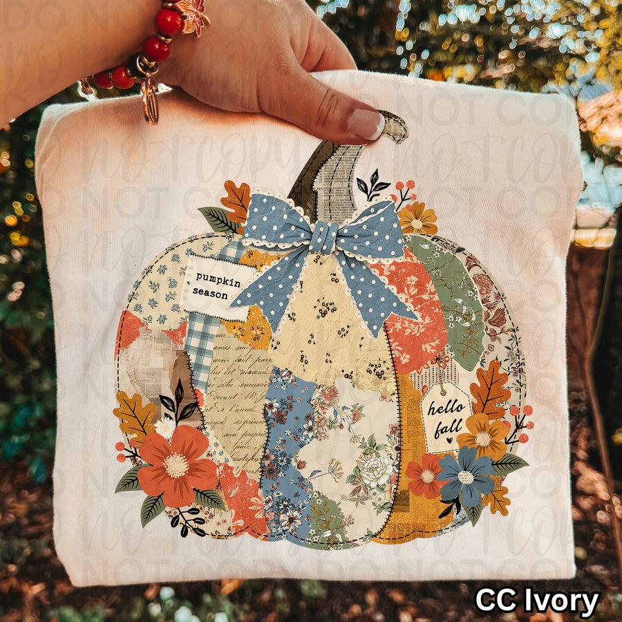 Vintage Patchwork Pumpkin Graphic Tee | Coquette Bow Fall Shirt | Comfort Colors Autumn T-Shirt