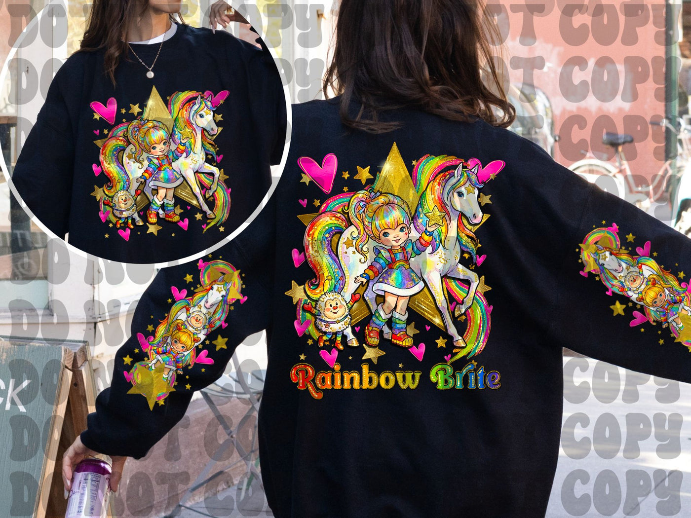Rainbow Girl & Unicorn Colorful Graphic Sweatshirt | Retro Rainbow Cartoon Inspired Front Back Sleeve Print