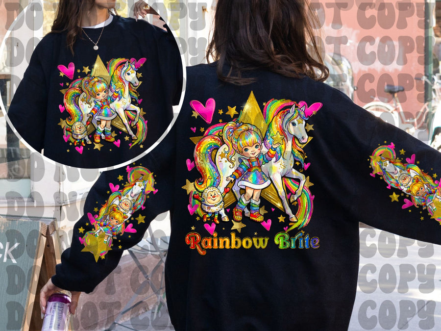 Rainbow Girl & Unicorn Colorful Graphic Sweatshirt | Retro Rainbow Cartoon Inspired Front Back Sleeve Print