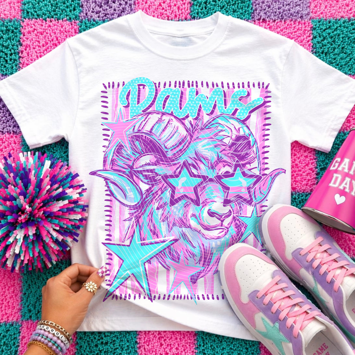 Rams Preppy Mascot Shirt, Bright Color Collegiate Graphic Tee, Cute School Spirit Inspired Soft Style Tee for Women and Kids - Pretty Petty Co