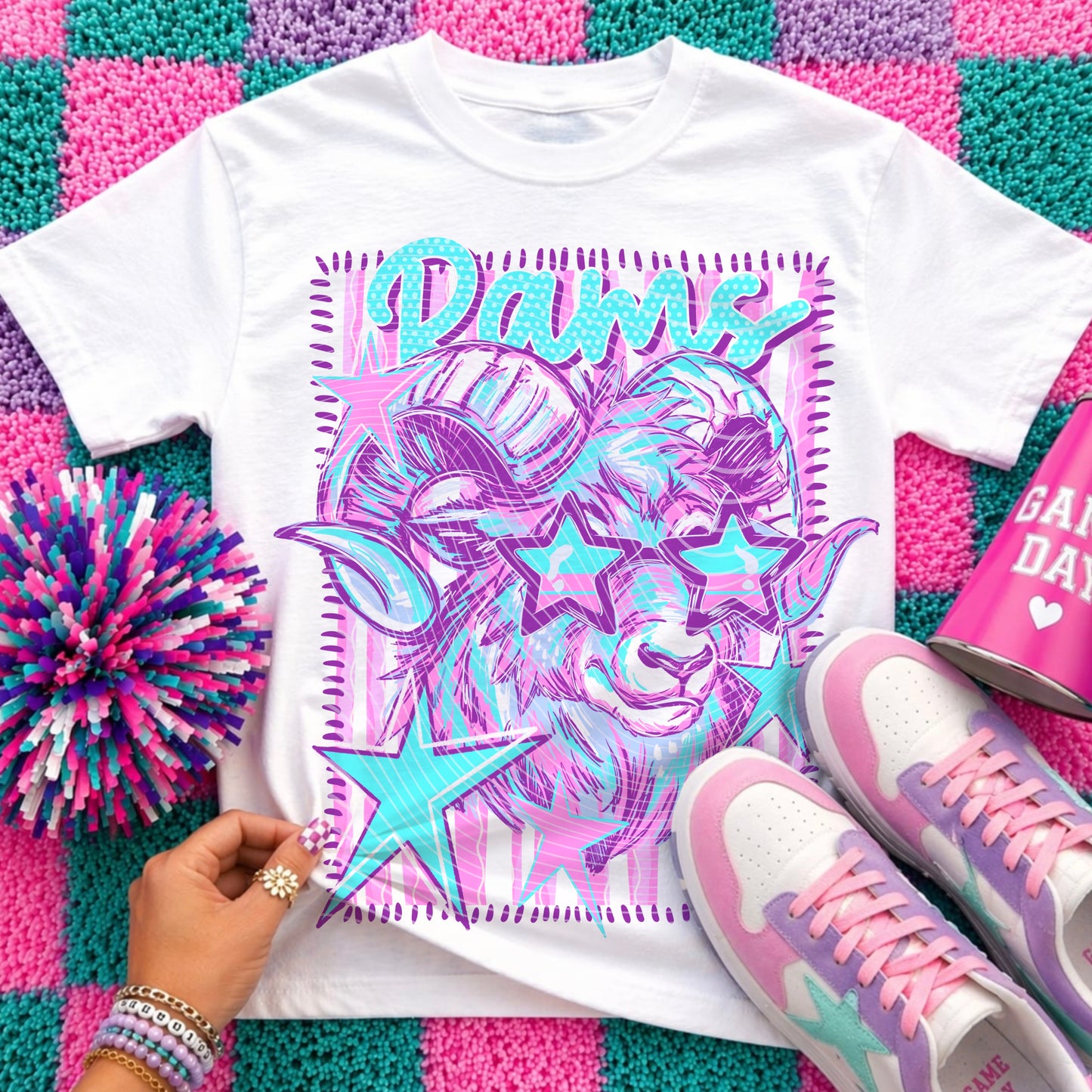 Rams Preppy Mascot Shirt, Bright Color Collegiate Graphic Tee, Cute School Spirit Inspired Soft Style Tee for Women and Kids