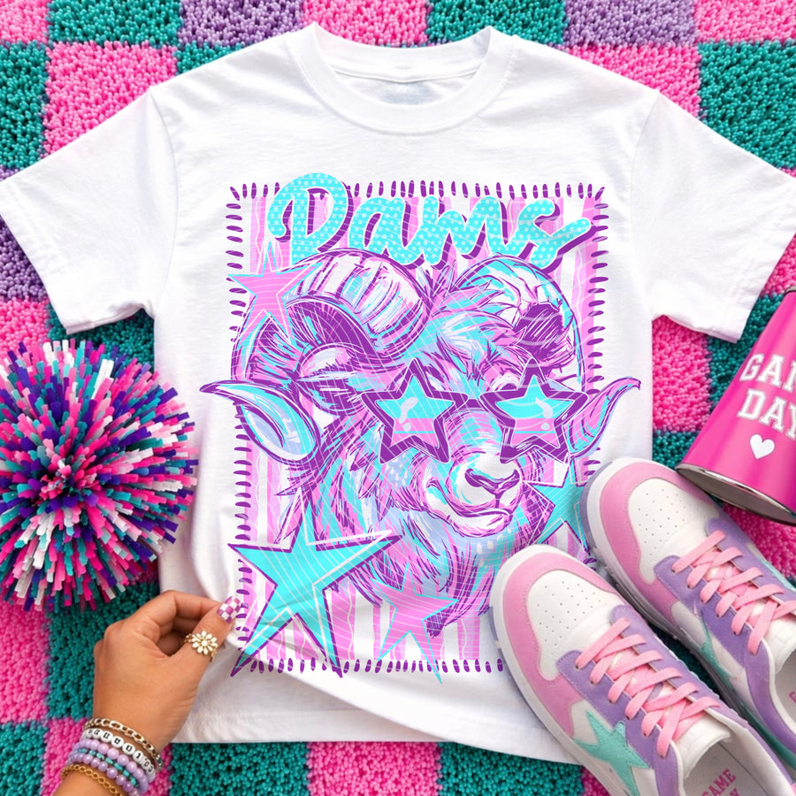 Rams Preppy Mascot Shirt, Bright Color Collegiate Graphic Tee, Cute School Spirit Inspired Soft Style Tee for Women and Kids - Pretty Petty Co