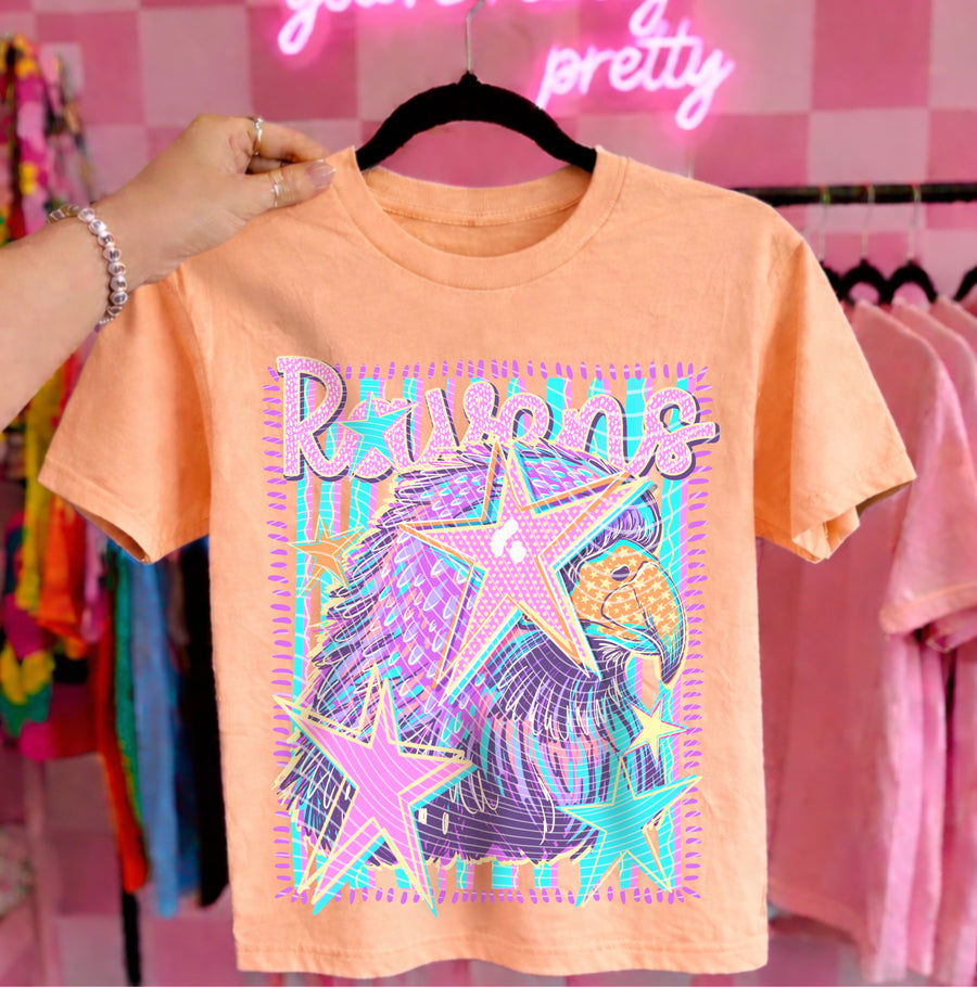 Ravens Preppy Mascot Shirt, Bright Color Collegiate Graphic Tee, Cute School Spirit Inspired Soft Style Tee for Women and Kids - Pretty Petty Co