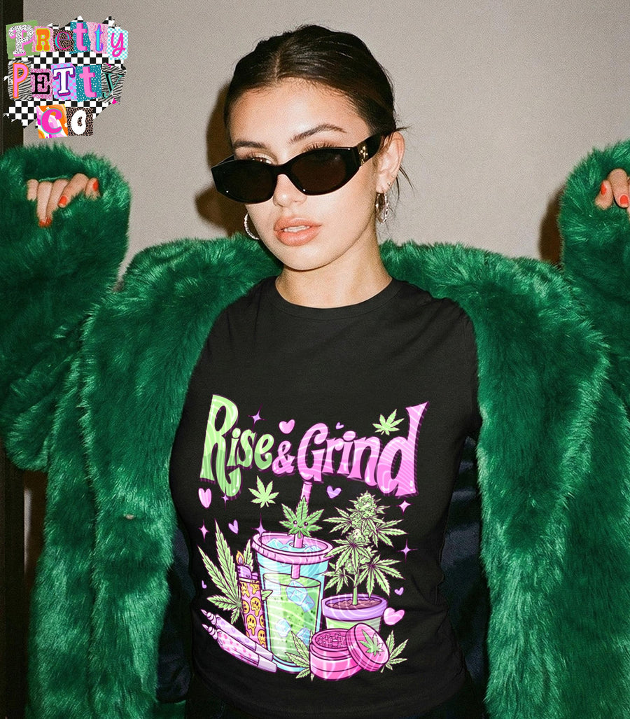 Rise & Grind 420 Stoner Shirt | Funny Weed Coffee Graphic Tee | Cannabis Sweatshirt - Pretty Petty Co