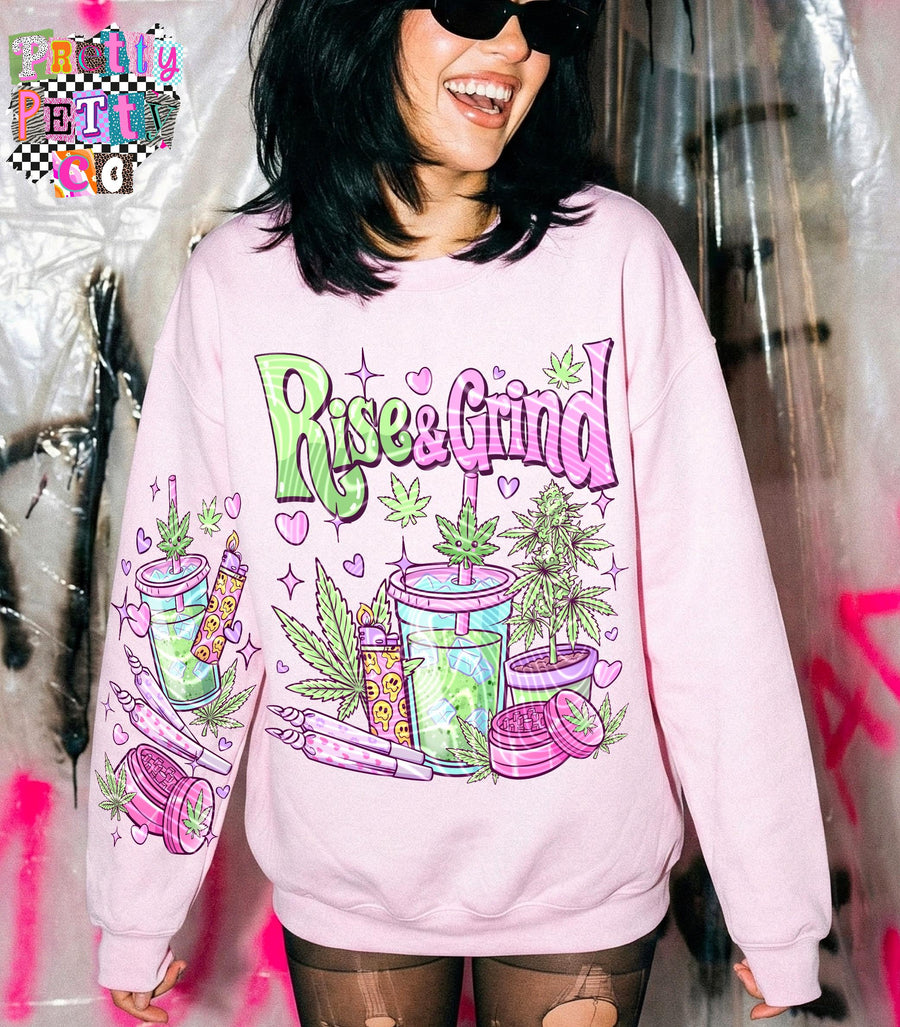 Rise & Grind 420 Stoner Shirt | Funny Weed Coffee Graphic Tee | Cannabis Sweatshirt - Pretty Petty Co
