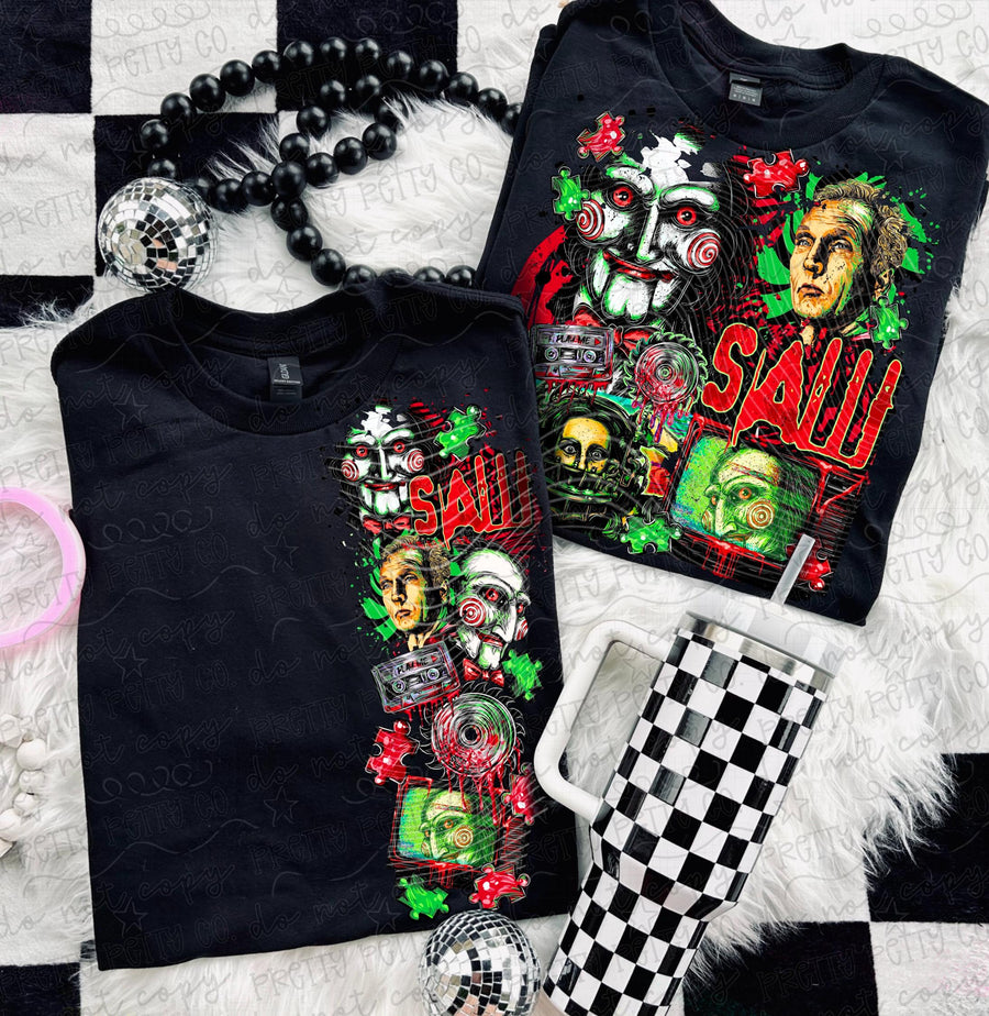 Creepy Puppet Horror Graphic Tee | Spooky Halloween Shirt- Large Full Print Front