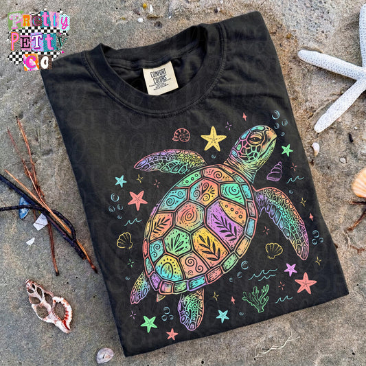 Floral Turtle Graphic Tee, Trendy Tropical Shirt, Whimsical Sea Life Tee