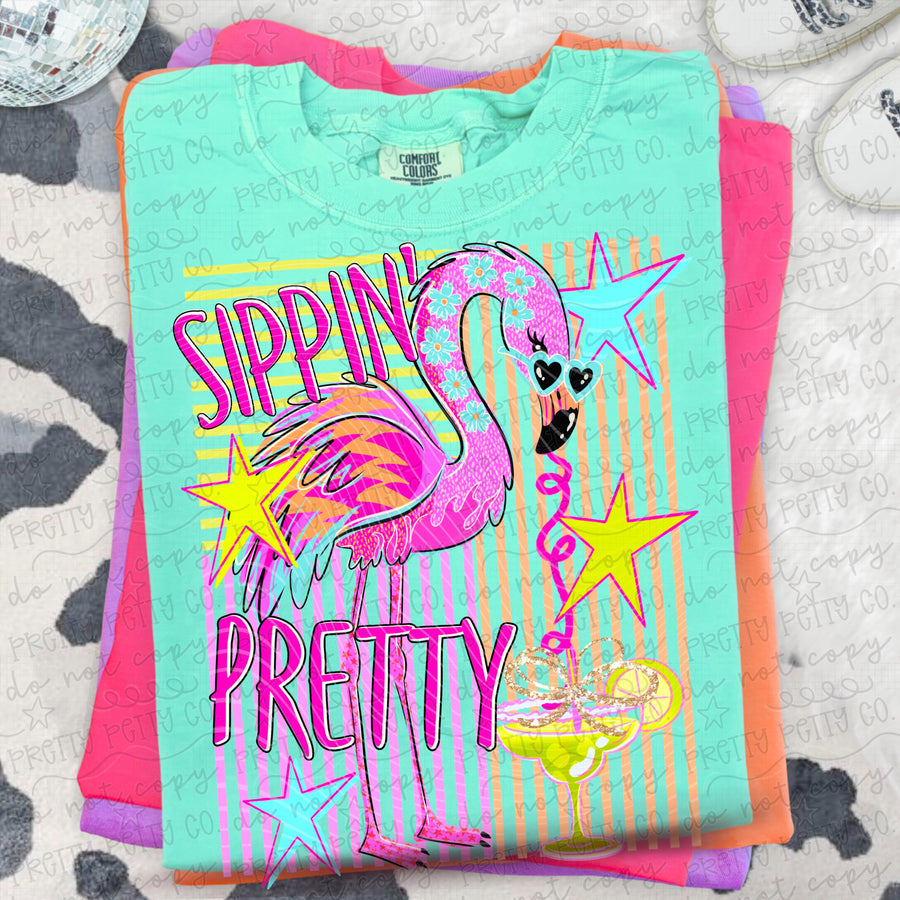 Sippin Pretty Flamingo Shirt, Vintage Flamingo Graphic Tee, Tropical Summer T-Shirt, Cute Drink Lover Beach Vacation Tee for Women - Pretty Petty Co
