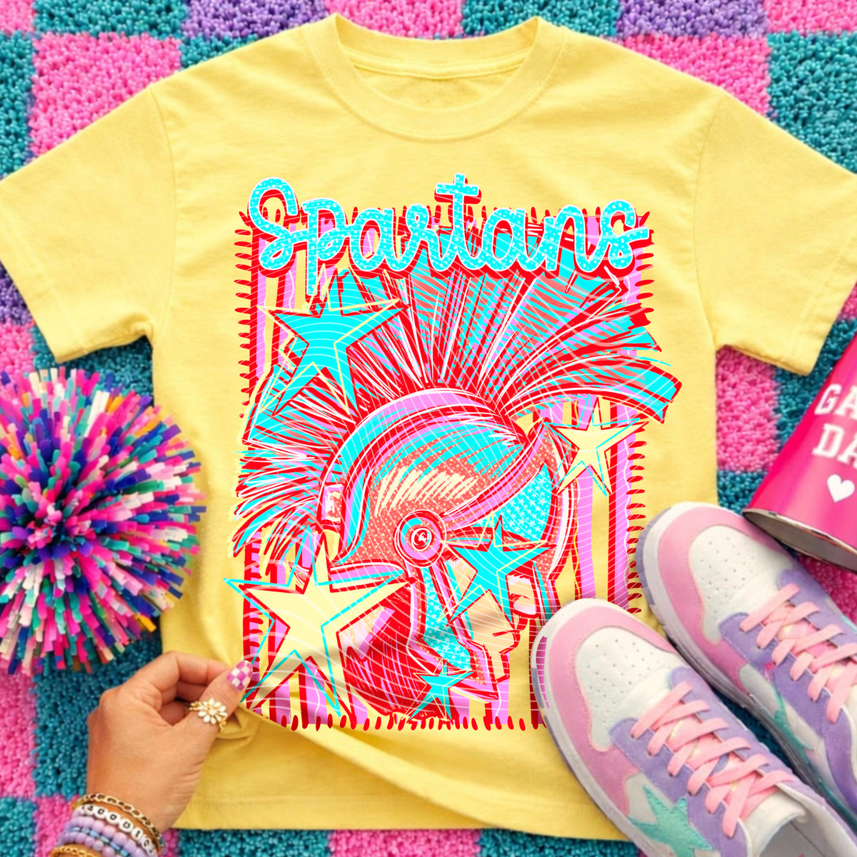 Spartans Preppy Mascot Shirt, Bright Color Collegiate Graphic Tee, Cute School Spirit Inspired Soft Style Tee for Women and Kids - Pretty Petty Co