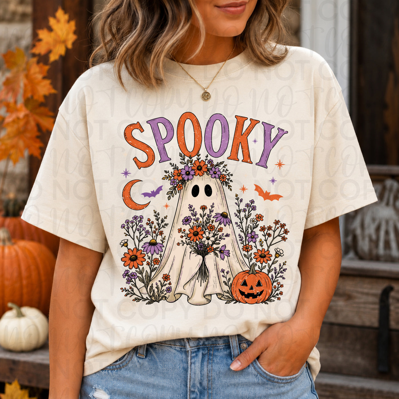 Spooky Floral Ghost Halloween Shirt | Cute Retro Halloween Graphic Tee | Fall Ghost & Pumpkin T-Shirt | Spooky Season Tee