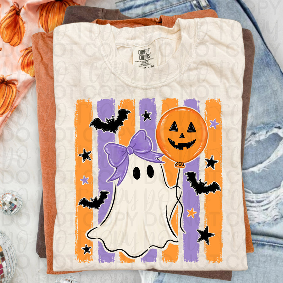 Cute Ghost with Pumpkin Balloon Halloween Shirt | Spooky Ghost Graphic Tee | Retro Halloween T-Shirt | Cute Fall Ghost Apparel
