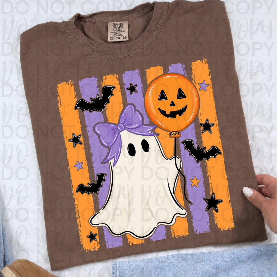 Cute Ghost with Pumpkin Balloon Halloween Shirt | Spooky Ghost Graphic Tee | Retro Halloween T-Shirt | Cute Fall Ghost Apparel