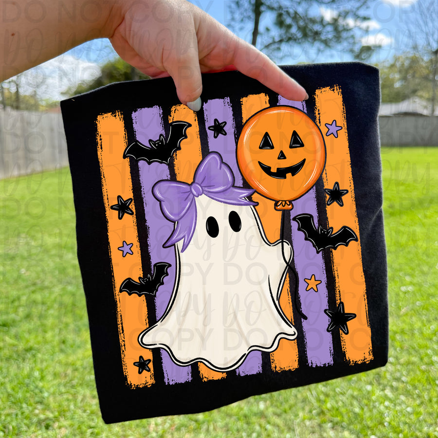 Cute Ghost with Pumpkin Balloon Halloween Shirt | Spooky Ghost Graphic Tee | Retro Halloween T-Shirt | Cute Fall Ghost Apparel