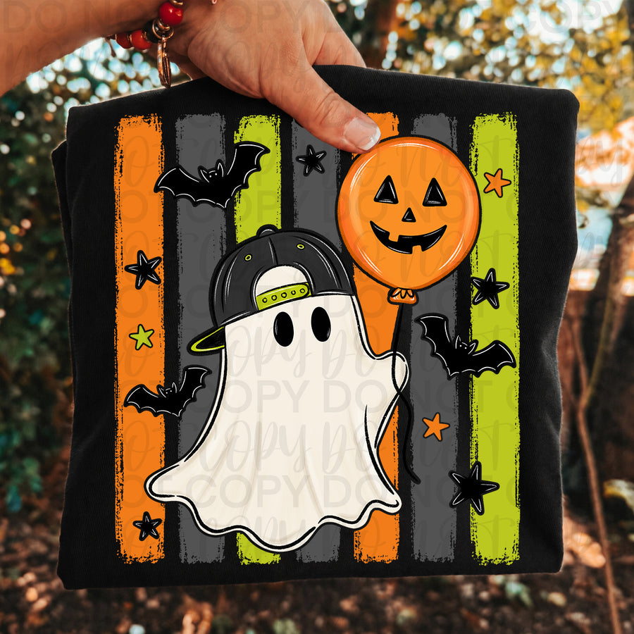 Cute Boy Ghost with Pumpkin Balloon Halloween Shirt | Little Boy Ghost Graphic Tee | Kids Spooky Season T-Shirt | Cute Halloween Apparel