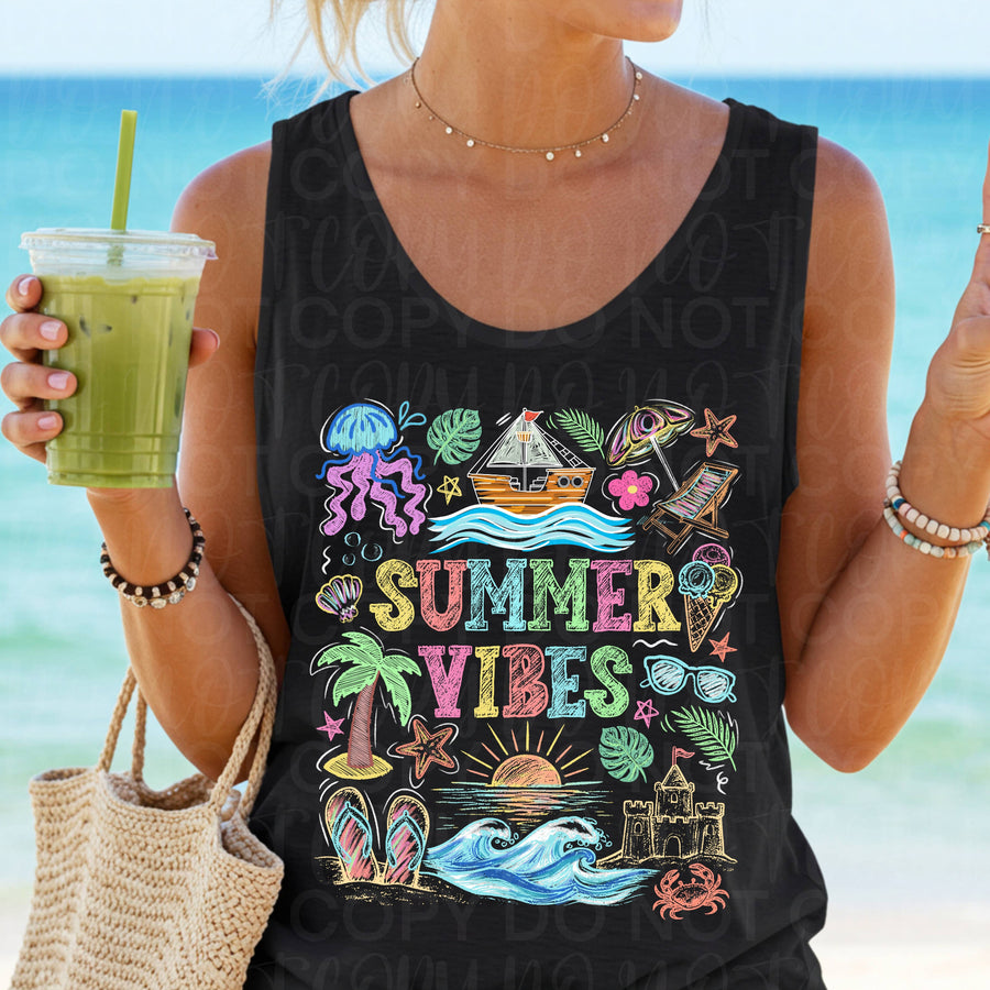 Summer Vibes Comfort Colors Graphic Tee, Bright Beachy Graphic Shirt, Cute Vacation Outfit, Trendy Boutique Style, Adult & Youth Sizes - Pretty Petty Co