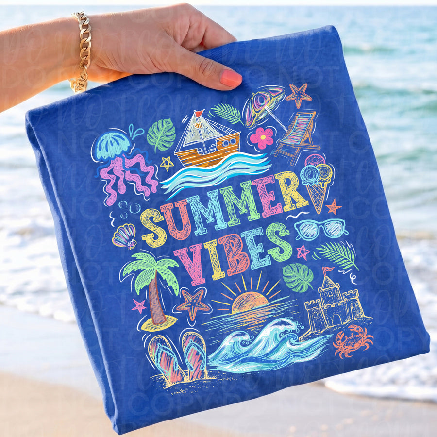 Summer Vibes Comfort Colors Graphic Tee, Bright Beachy Graphic Shirt, Cute Vacation Outfit, Trendy Boutique Style, Adult & Youth Sizes - Pretty Petty Co