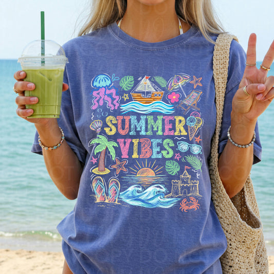 Summer Vibes Comfort Colors Graphic Tee, Bright Beachy Graphic Shirt, Cute Vacation Outfit, Trendy Boutique Style, Adult & Youth Sizes
