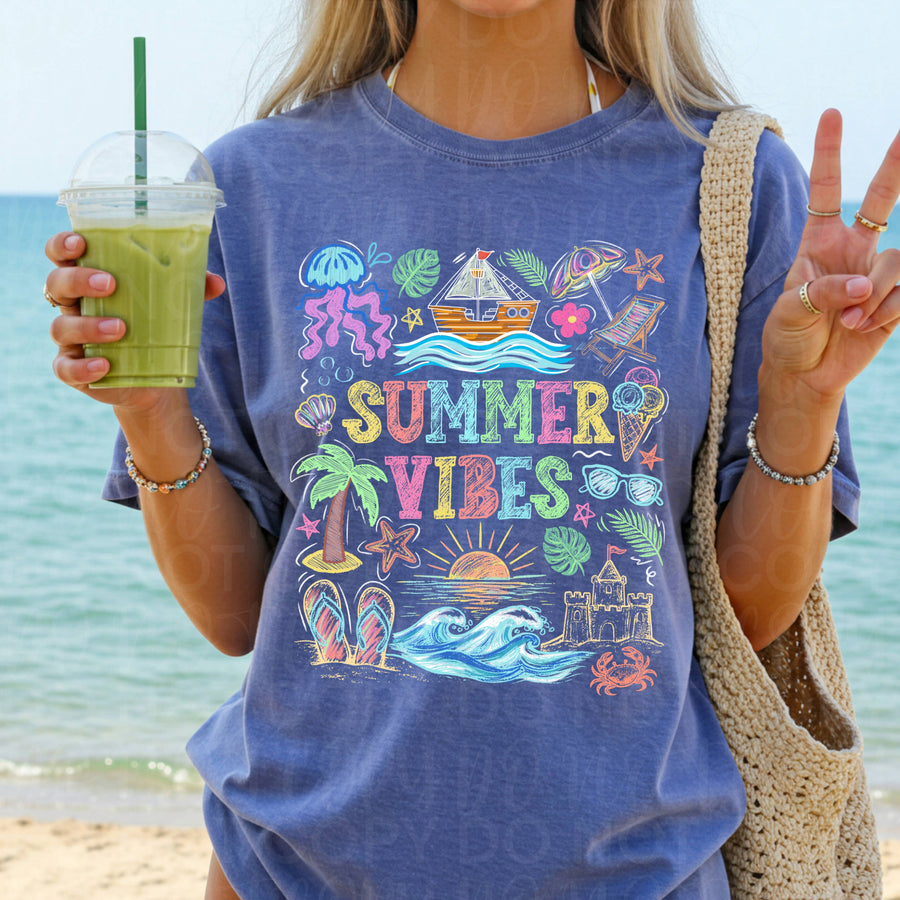 Summer Vibes Comfort Colors Graphic Tee, Bright Beachy Graphic Shirt, Cute Vacation Outfit, Trendy Boutique Style, Adult & Youth Sizes - Pretty Petty Co